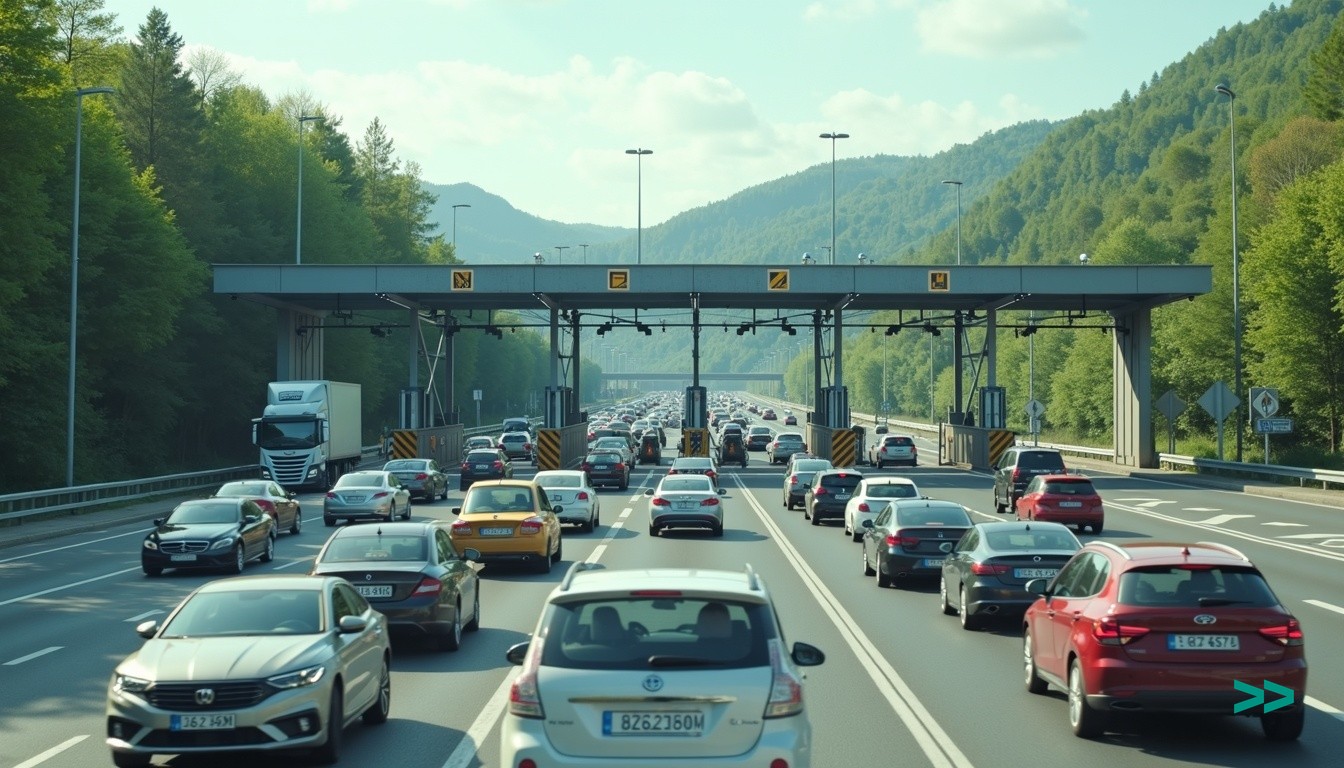 Европейський toll booth — черга автомобілів перед платним шлагбаумом на сонячній трасі