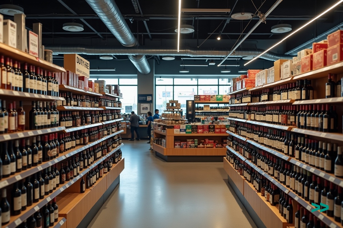 Інтер'єр магазину duty-free з пляшками вина та віскі, цигарки на полицях